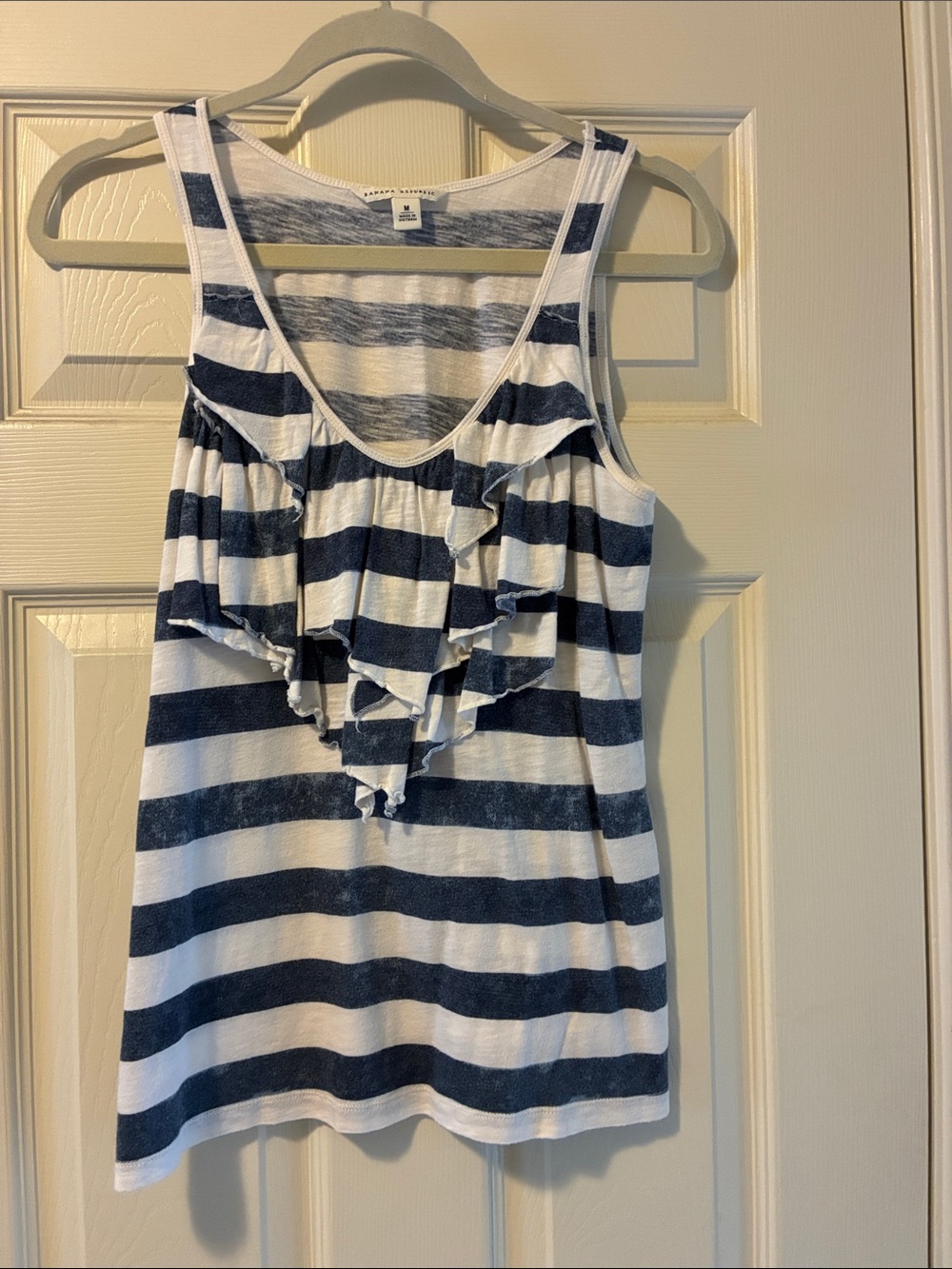 Banana Republic Navy & White Striped Ruffle Tank